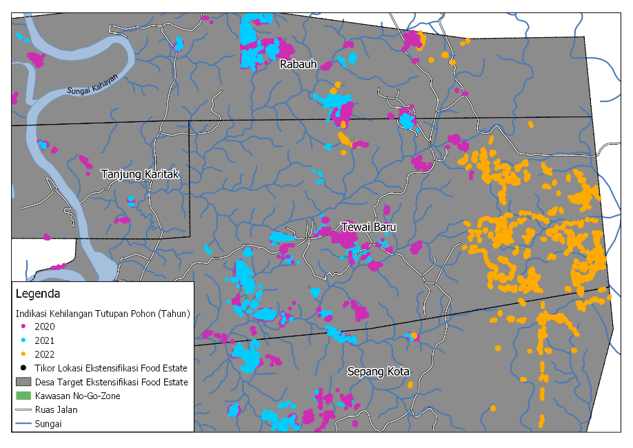 Figure 3. Map of indications of tree cover loss for the period January 2020 - March 2022 in Tewai Baru Village, Gunung Mas Regency